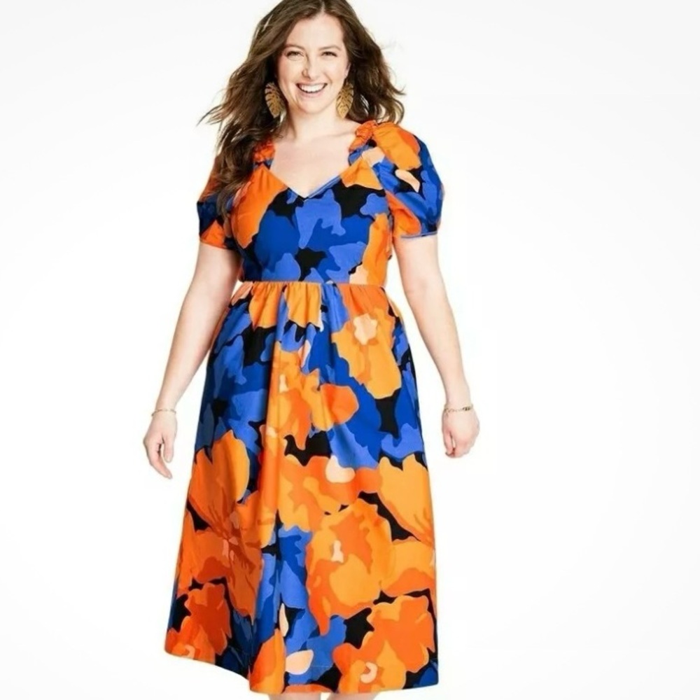 Tabitha Blue and Orange Puff Sleeve Midi Sundress